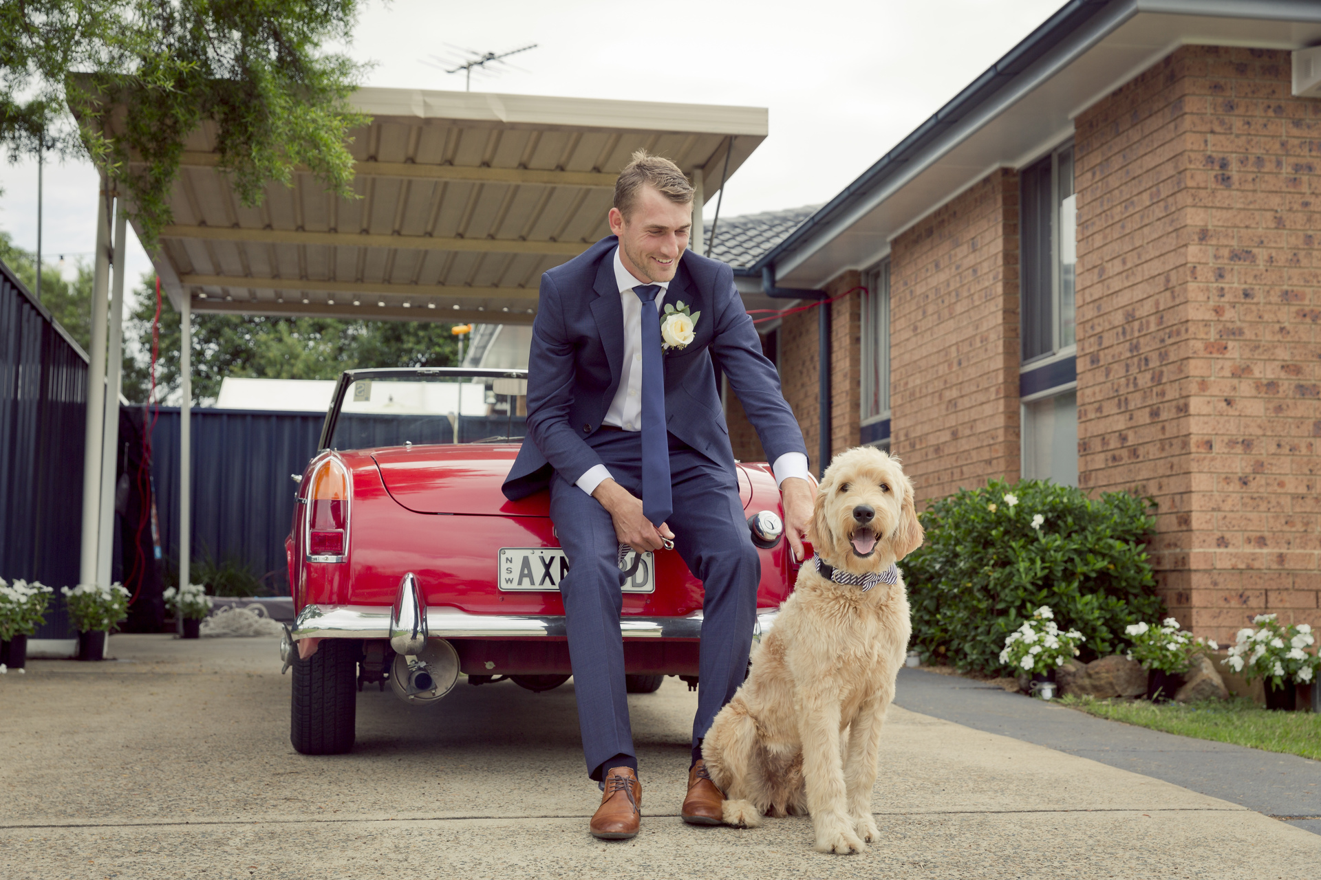 Groom and dog with wedding car
