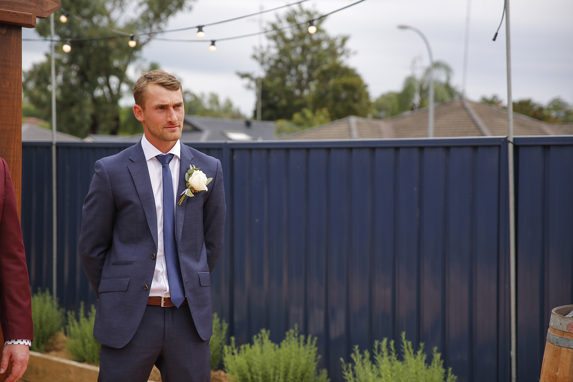 Groom waiting for bride at Penrith backyard Wedding