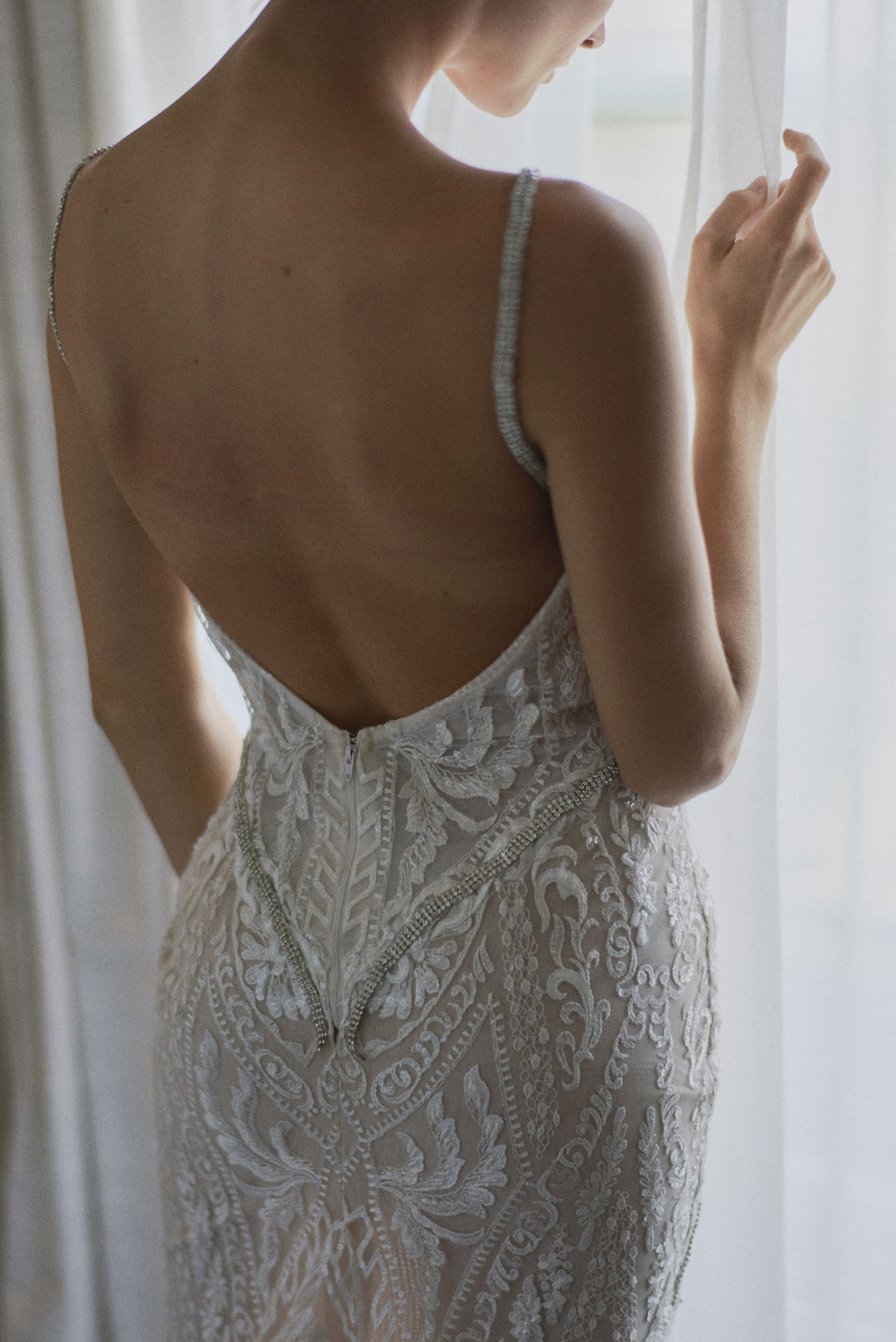 Backless wedding gown, lace embroidery